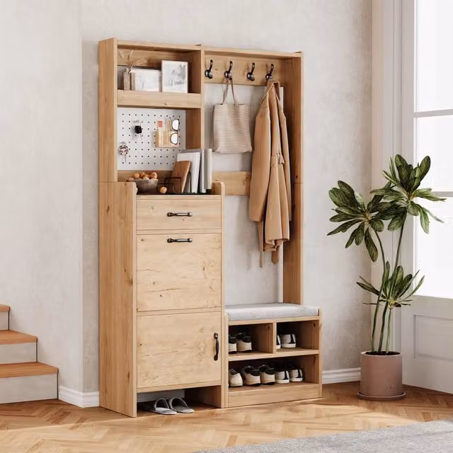 Armadio da ingresso REDOM con panca e ganci, Bianco e Beige, L: 108,5 cm, P: 35 cm, H: 180 cm
