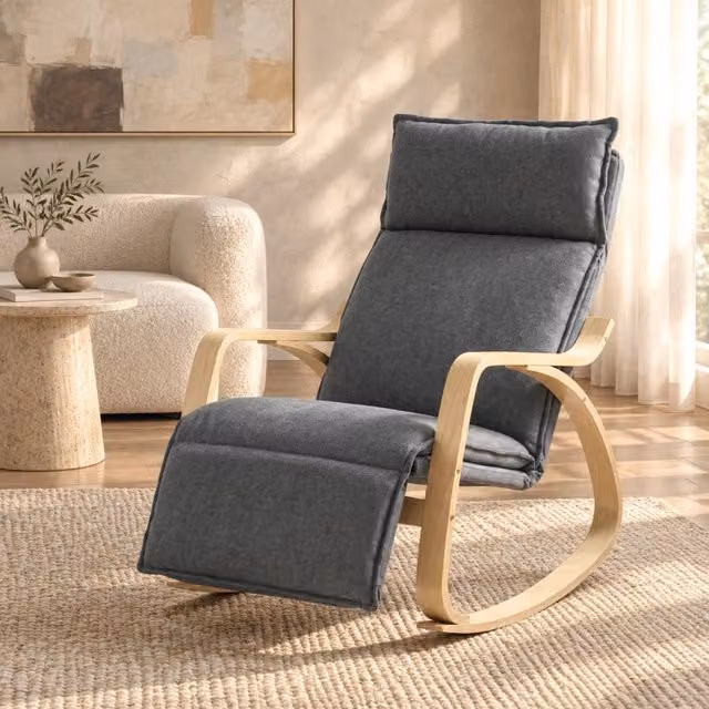 Sedia a dondolo 106x67x92 cm in poliestere grigio scuro, poggiapiedi 5 posizioni –