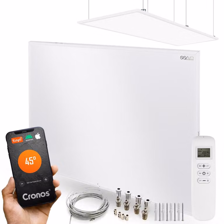 Set di pannelli radianti a infrarossi in grafene CRONOS GRP-300TWP, colore bianco, con supporto a soffitto incluso