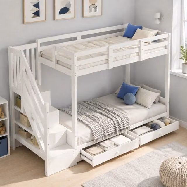 Letto a soppalco per bambini con divano regolabile; scaletta contenitore e 2 cassetti; 90x200 cm; bianco
