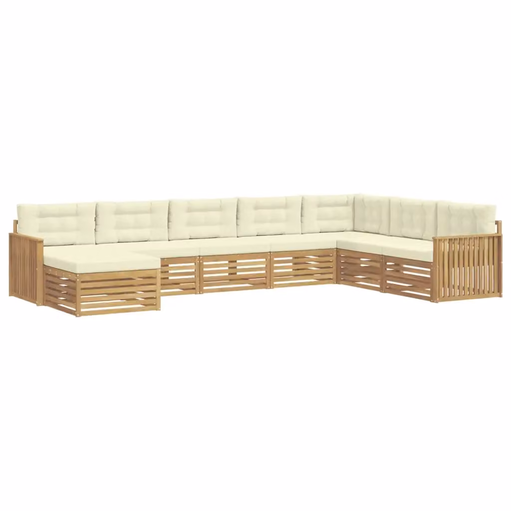 Set di divani da esterno a L con pouf vidaXL, 8 pezzi, in legno di acacia con cuscini bianchi e beige – 2