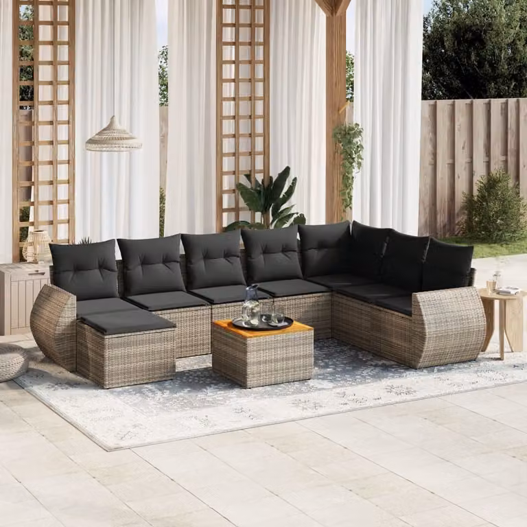 vidaXL Set Divano da Giardino a L 9 pz in Polyrattan Grigio con Cuscini e Ottoman