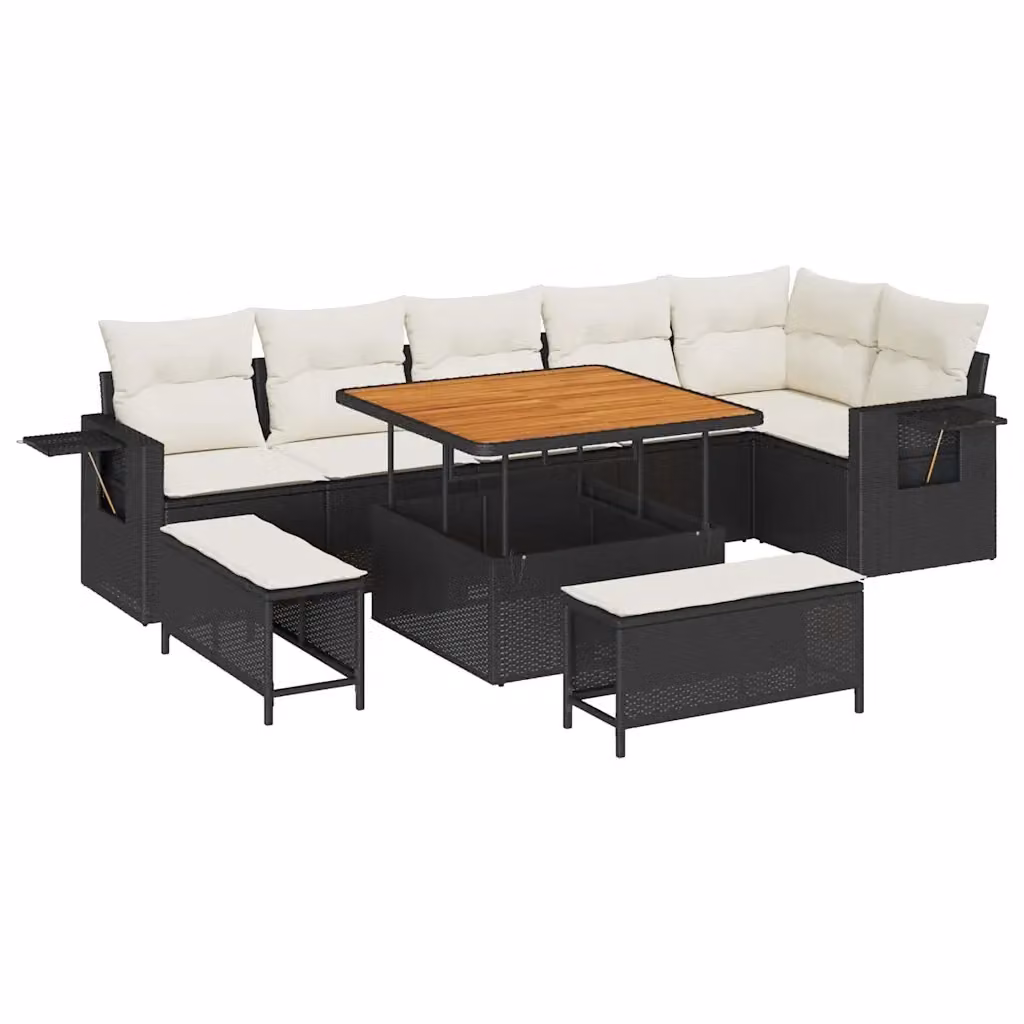 Set Divano da Giardino Moderno vidaXL in Polyrattan Nero con Cuscini e Tavolino da Esterno – 2