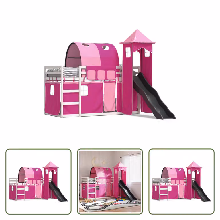 The Living Store Letto a castello con scivolo e tende Rosa 90x200 cm