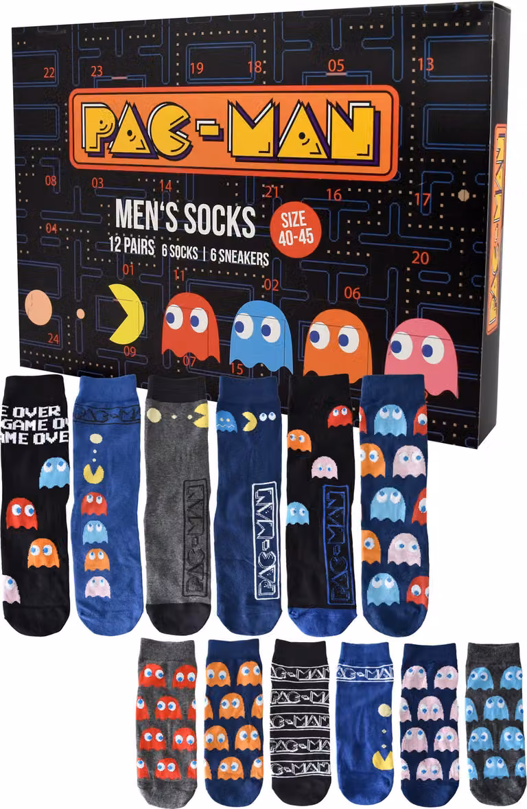 Calendario dell'Avvento Pac-Man con 12 paia di calzini taglia 40-45 per uomo Calendario di Natale con scarpe da ginnastica e calze lunghe