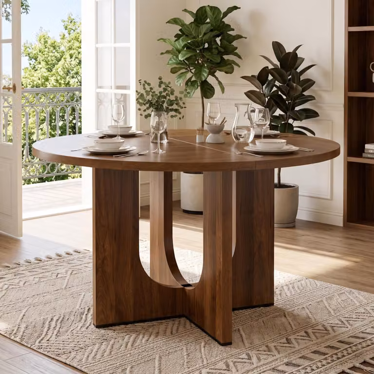 Tavolo rotondo "Flieks" da pranzo, 120x120 cm, adatto per 4-6 persone, design classico, tavolo da pranzo, tavolo da cucina, finitura in legno noce