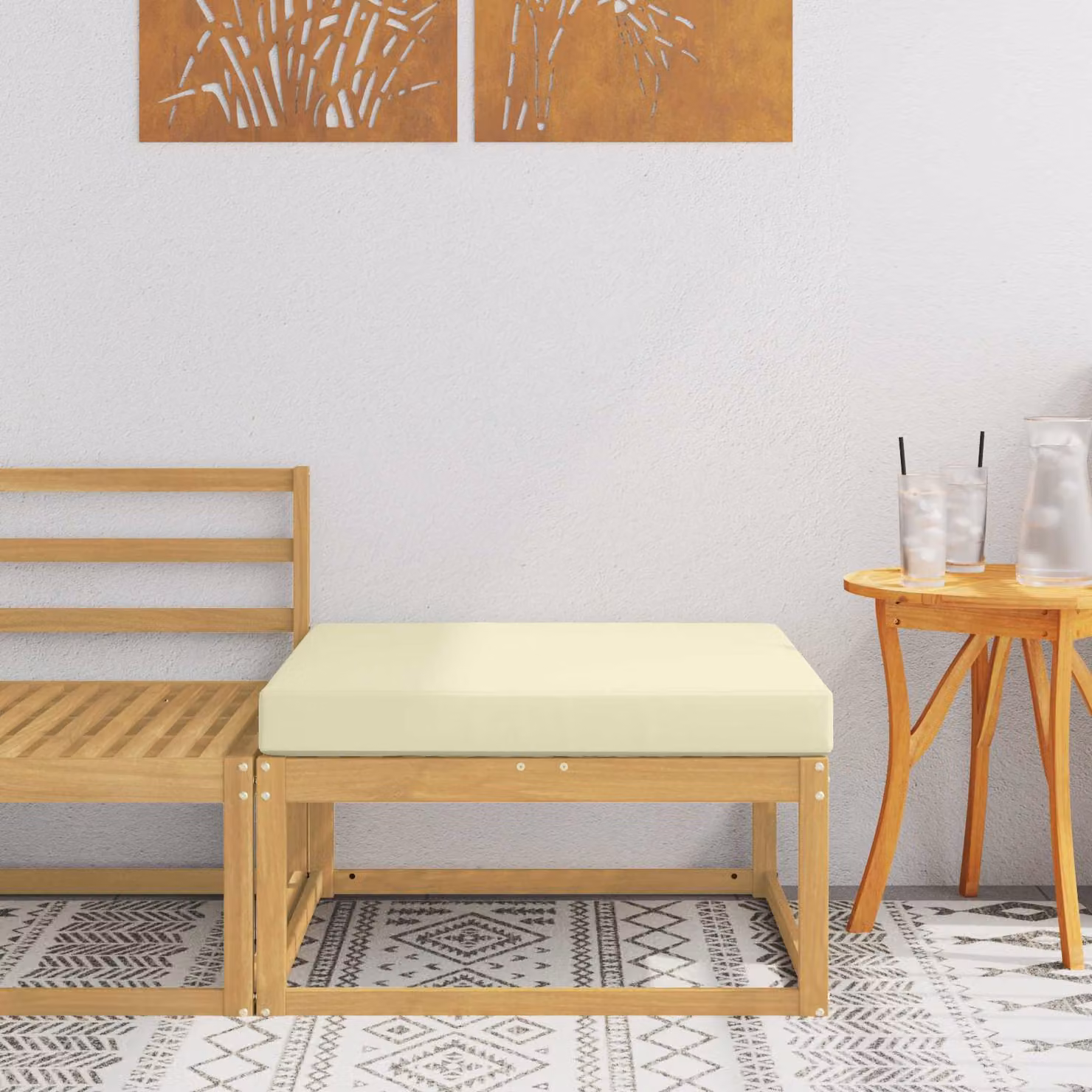 vidaXL Poggiapiedi da Esterno Moderno in Legno di Acacia con Cuscini Bianchi e Marroni L: 79 cm, P: 37 cm, H: 37 cm