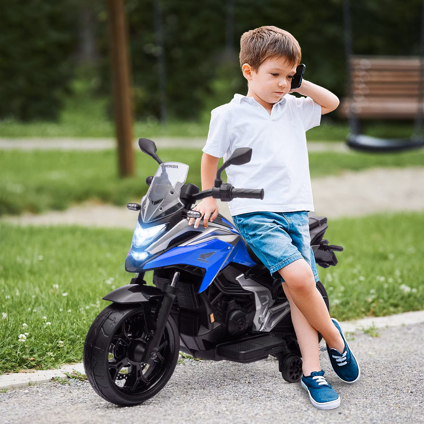 Moto Elettrica per Bambini AIYAPLAY Licenza Honda, 12V con Doppi Motori, Colore Blu, per Età 3-6 Anni – 2