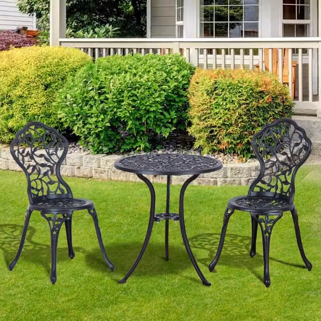 Set Bistrot Minimal per 2 Posti Nero con Tavolo Quadrato e 2 Sedie in Alluminio Verniciato a Polvere per Giardino e Terrazza
