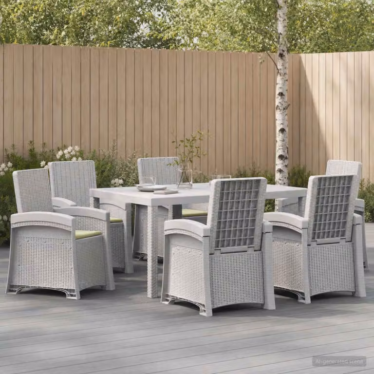 Set da pranzo per giardino e terrazzo vidaXL in rattan sintetico da 7 pezzi, colori bianco e beige