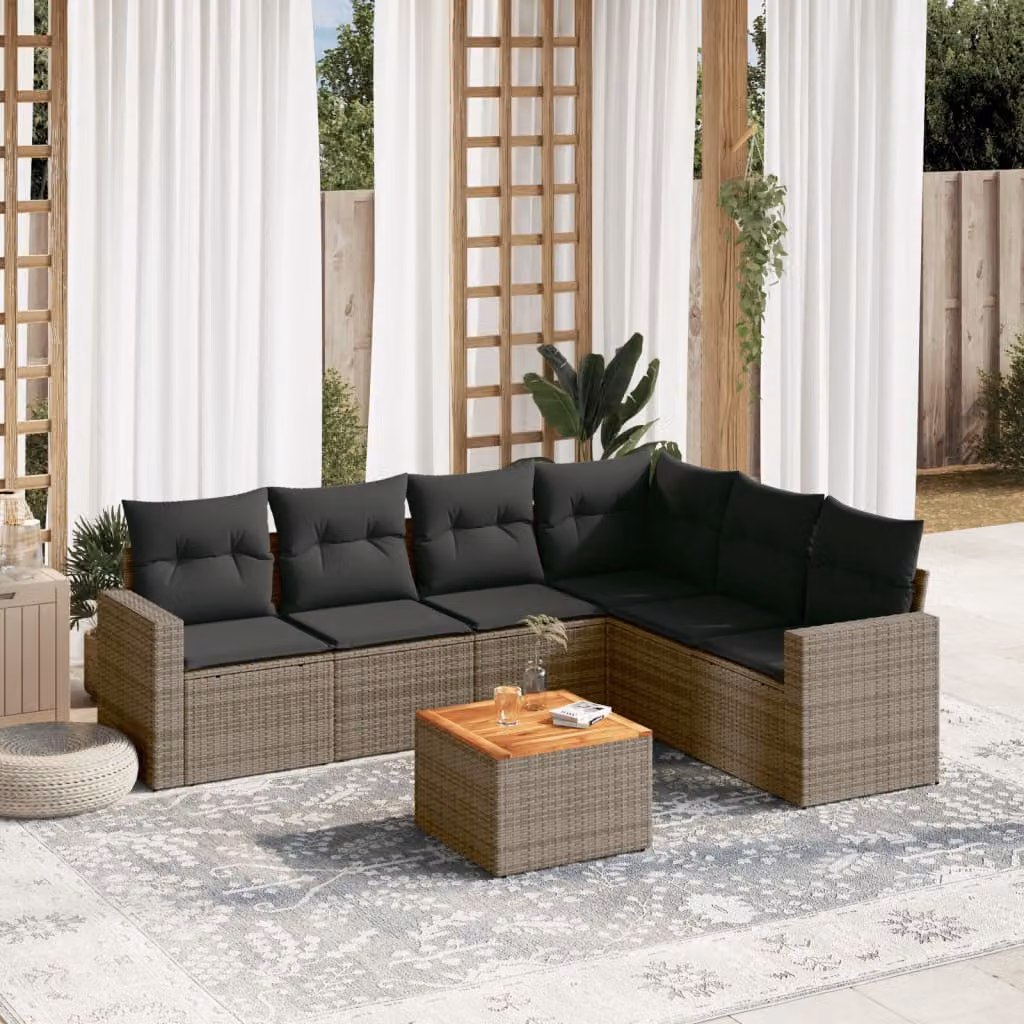 Set di divani da giardino vidaXL in polyrattan grigio con cuscini, forma a L e tavolino da esterno – 1