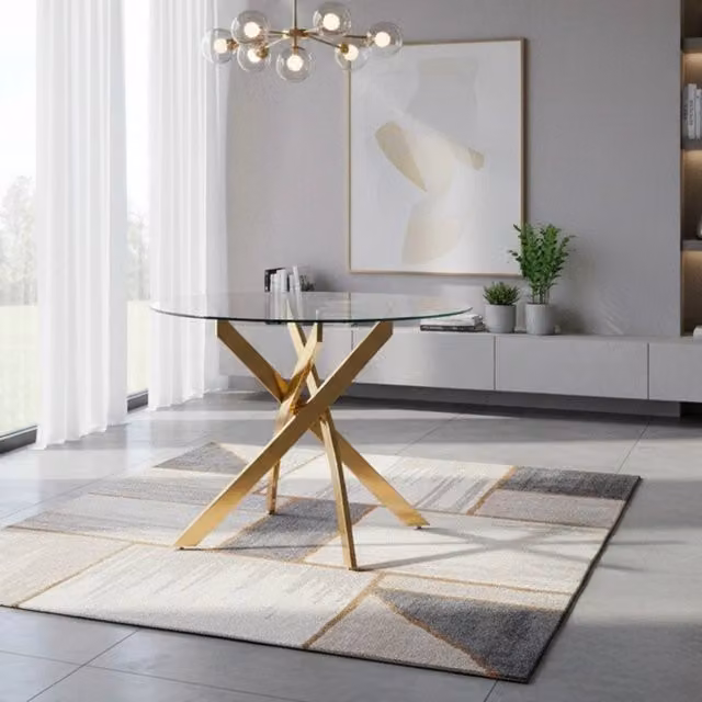 Tavolo Rotondo Peyton 100x100 cm in Vetro Temperato con Gambe Incrociate oro