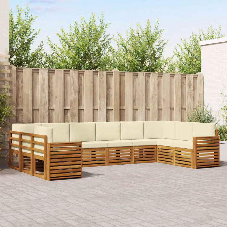 Set di divani da esterno vidaXL in legno di acacia con cuscini, design moderno a L, colore beige e bianco