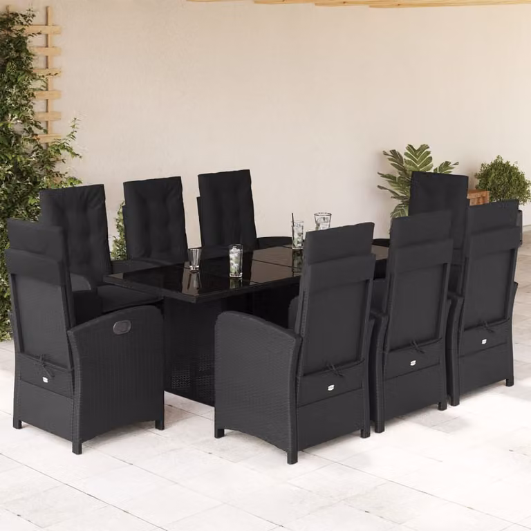 Set da pranzo da giardino vidaXL in polyrattan nero con cuscini e tavolo in vetro, 9 pezzi