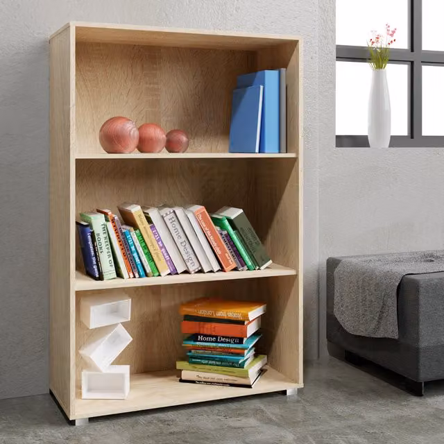 Libreria Vela Casaria® in legno di quercia con 3 ripiani regolabili, colore beige/marrone, L: 115 cm, H: 60 cm, P: 28 cm