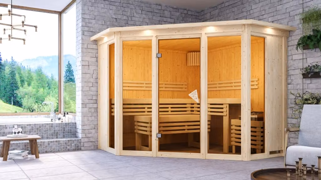 Sauna Alcinda: con luminosa sul soffitto: 9 kW, stufa finlandese + centralina Easy. Stufa finlandese: 9 kW, con luminosa sul soffitto + centralina Easy