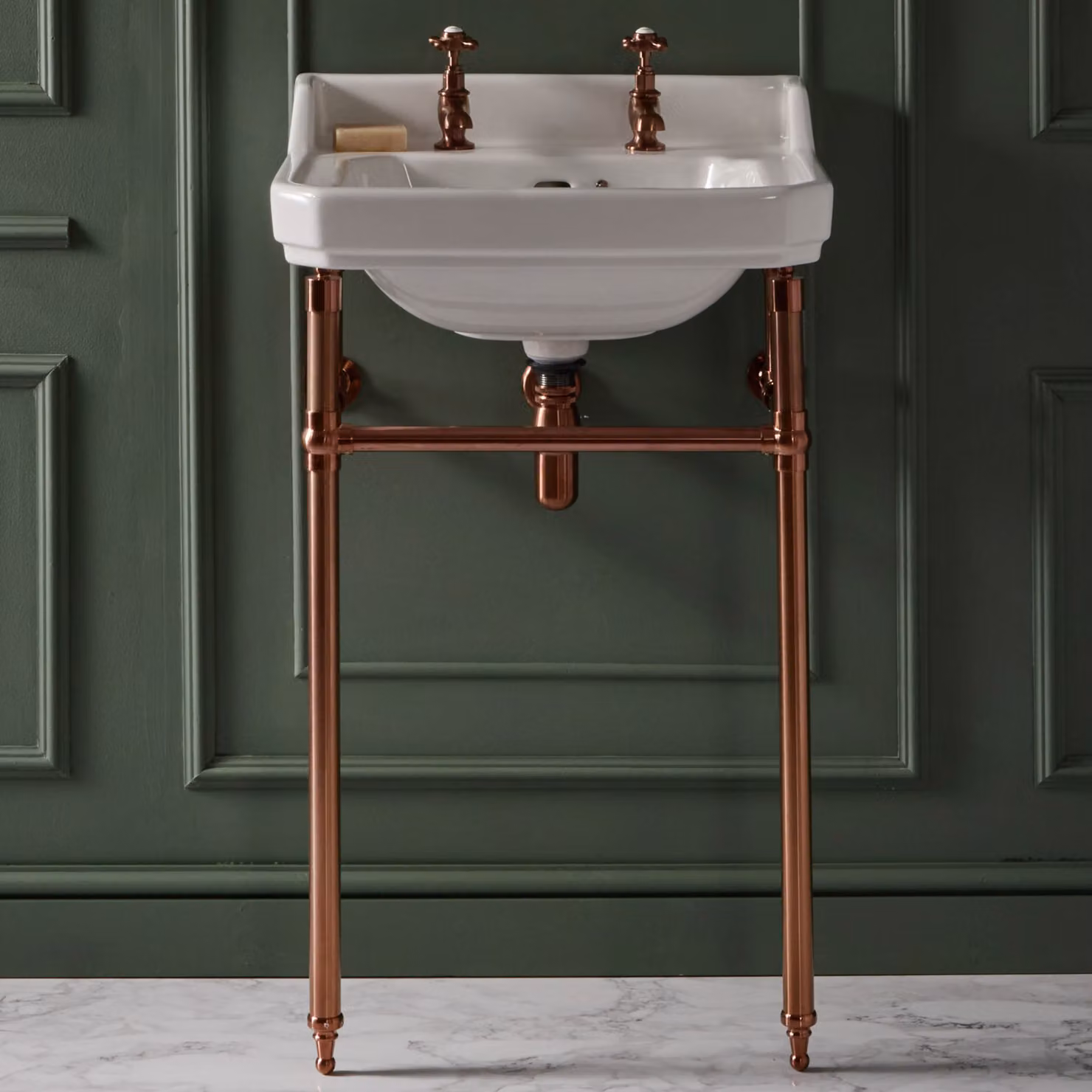 Consolle con Lavabo e Struttura Tradizionale 560mm in Rame Satinato - 2 Fori per Rubinetteria - Richmond
