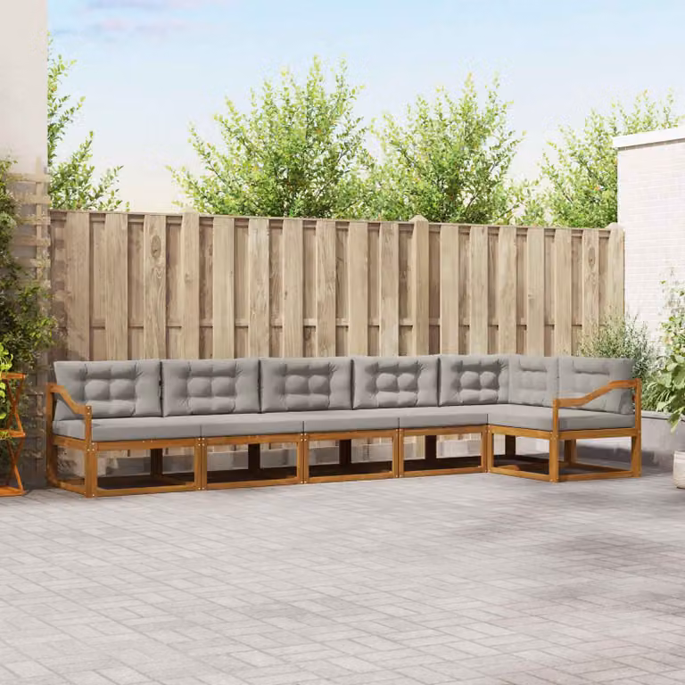 Set di divani da esterno vidaXL a forma di L composto da 6 pezzi in legno di acacia con cuscini inclusi, colori beige, grigio e marrone