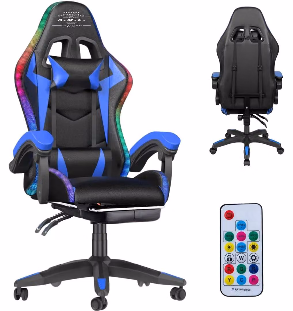 Sedia da gaming con illuminazione RGB a LED - Rivestimento in ecopelle blu - Design ergonomico per un comfort ottimale - Capacità di carico: 125 kg