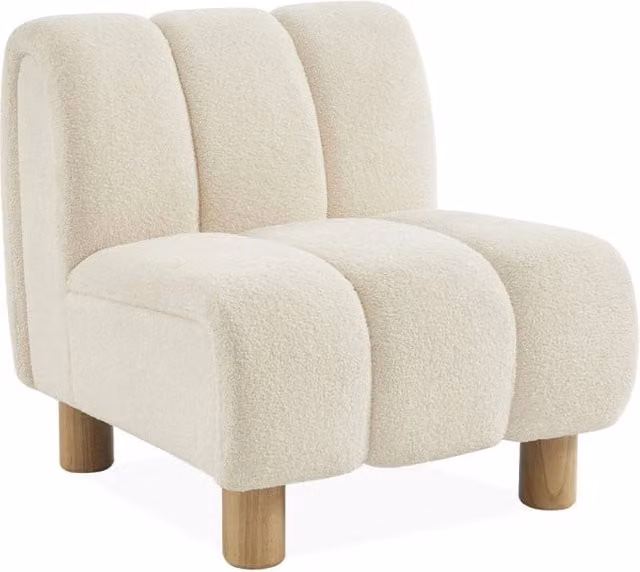 Poltrona relax Sweeek in tessuto bouclé beige con gambe in legno e struttura moderna con braccioli – 1