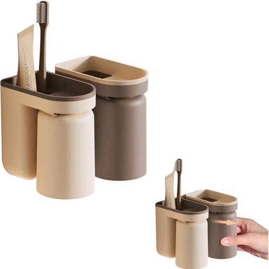 Set da 2 pezzi - Supporto da parete e portabicchieri 2 in 1 - Supporto adesivo per spazzolini da denti - Supporto da parete per spazzolini da denti - Sfiato reversibile - A prova di polvere - Beige e marrone - Bagno e casa