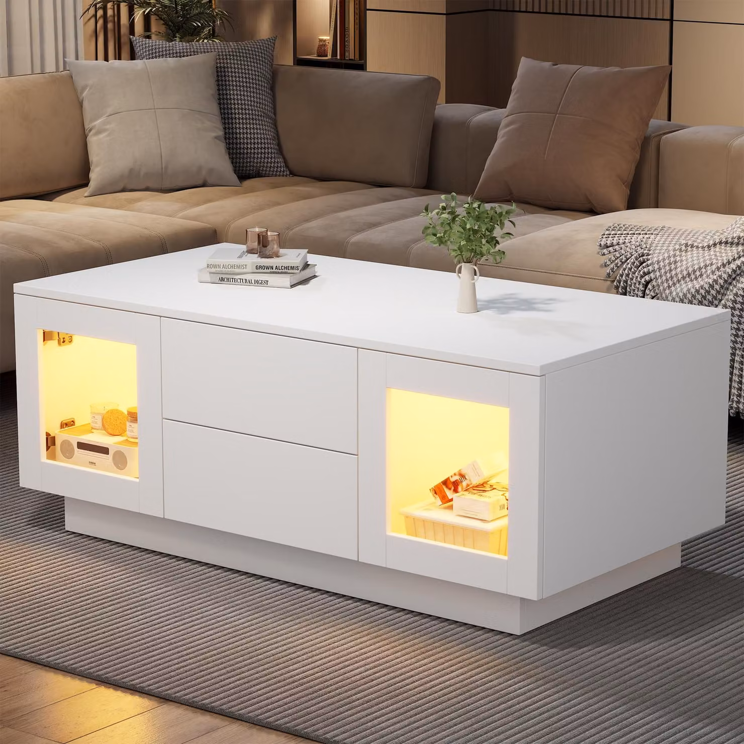 Tavolino da divano Merax per soggiorno, con 2 cassetti e 2 vani, tavolino con illuminazione LED controllabile tramite app e comandi vocali, tavolino ausiliario in MDF, bianco