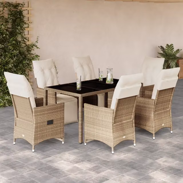 Set da bistrò da giardino vidaXL in polyrattan con cuscini beige e piano in vetro, 7 pezzi