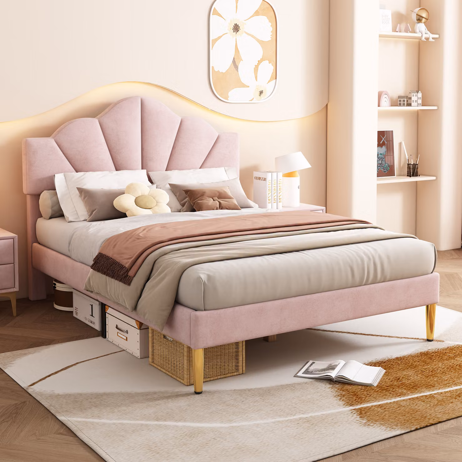 Letto imbottito Sweiko, 140x190 cm, letto matrimoniale, letto a forma di conchiglia con piedi in ferro placcato oro, testata regolabile in altezza, rete a doghe in legno, rosa