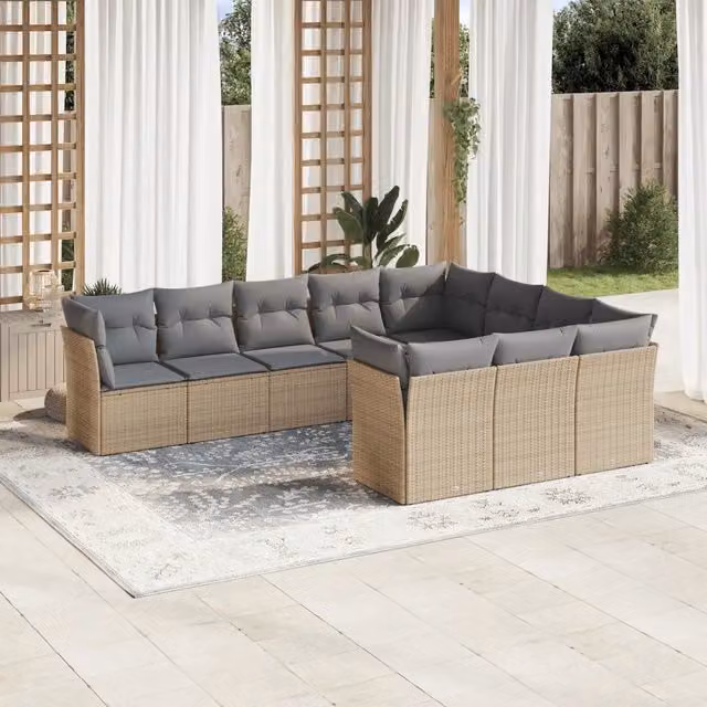 vidaXL Set Divano da Giardino a L 10 pz in Polyrattan con Cuscini Beige e Struttura in Metallo