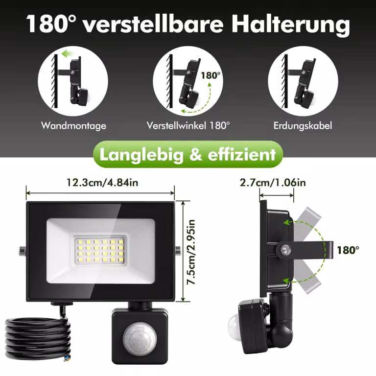 Faretto LED da esterno - 20 W - Sensore di movimento - Impermeabile - 6500 K (bianco freddo) - 220–240 V - Confezione da 5 pezzi