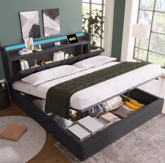Letto matrimoniale 140x190 cm con contenitore, LED RGBW e ricarica USB grigio HAVRYA