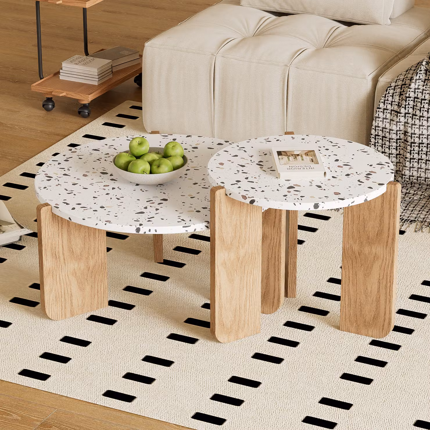 Set di tavolini Merax Scandi, set di 2 tavolini con gambe in legno, set di tavolini rotondi, tavolino bianco da salotto design tavolini 70x70x35/50x50x45,5cm