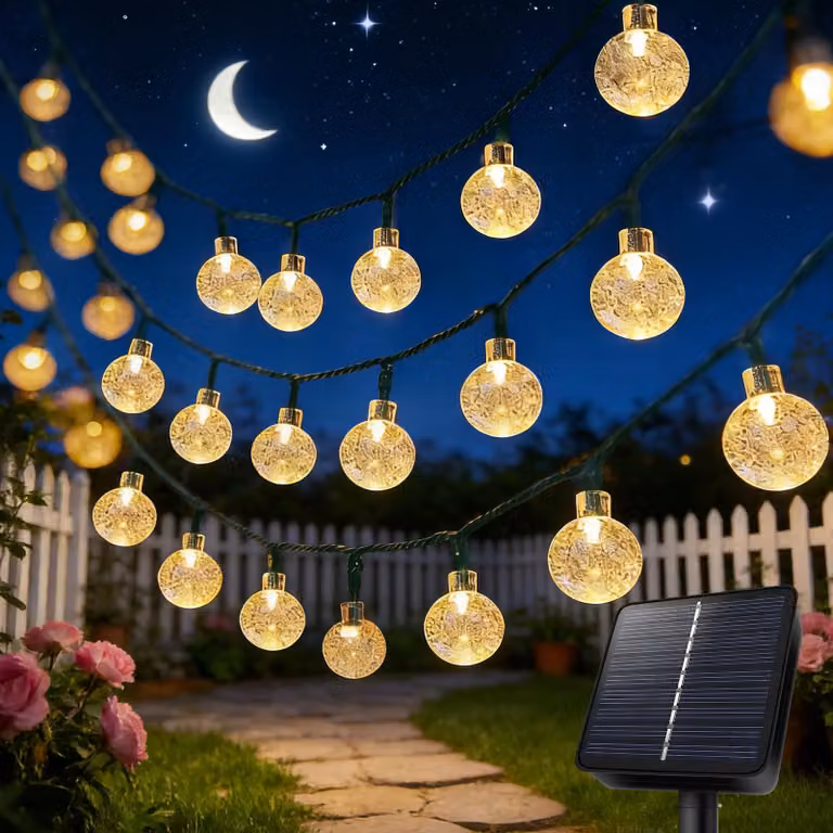 Catena luminosa solare, 8 metri, 40 LED, sfere di cristallo, grado di protezione IP65, luce bianco caldo