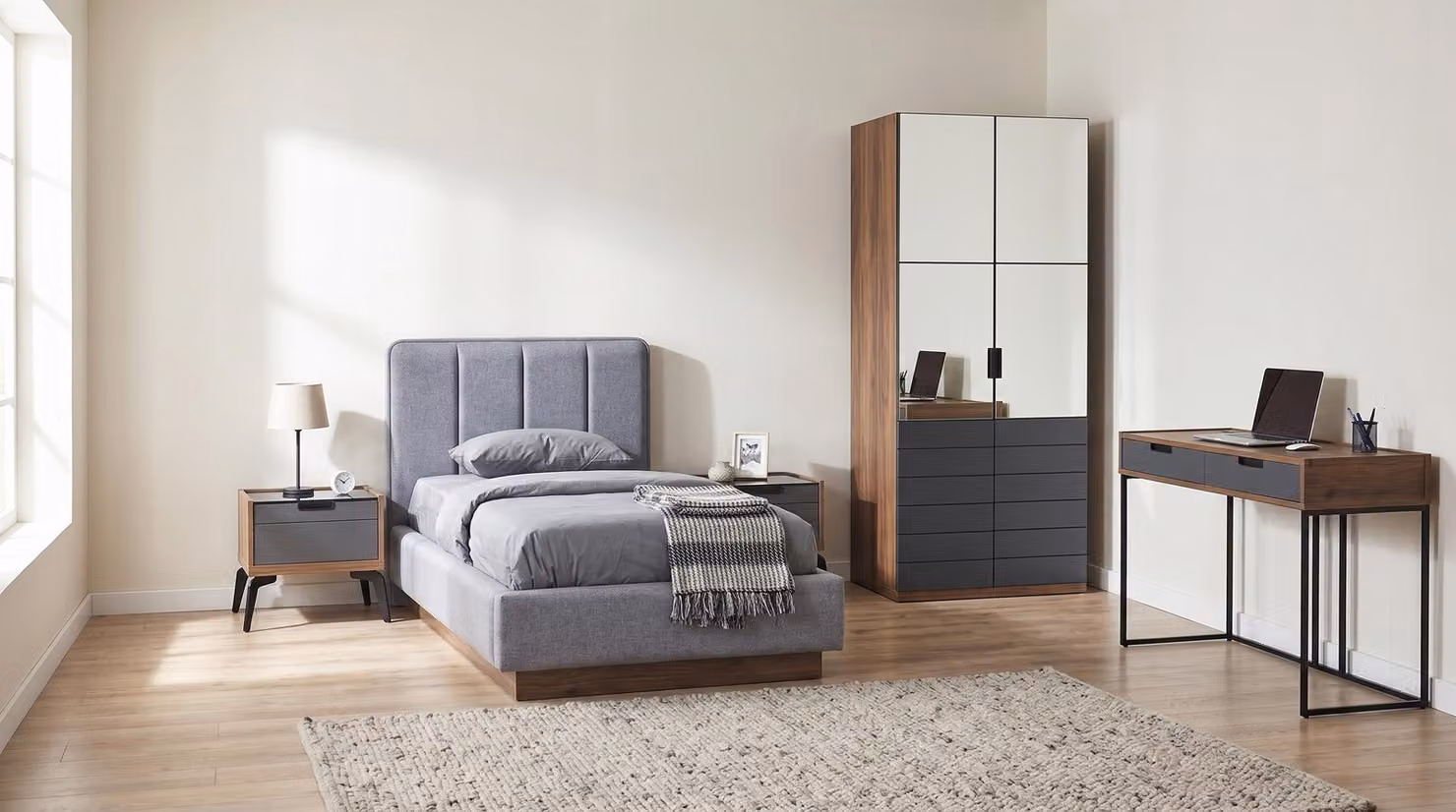 Set per camera da letto per giovani: letto in stile moderno, 2 comodini, scrivania, armadio