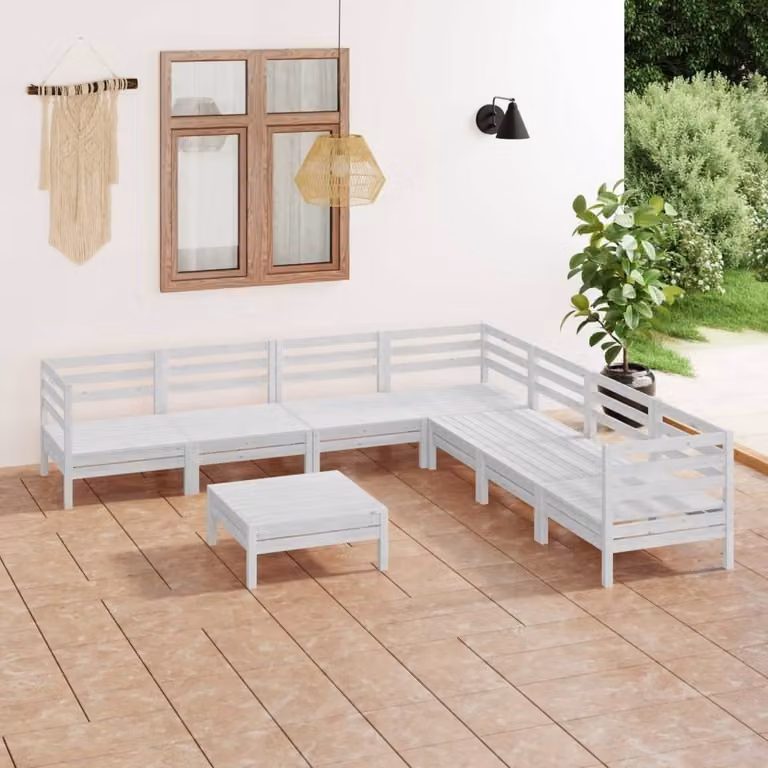 The Living Store Set salotto da giardino 8 pezzi in pino massiccio bianco