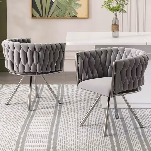 Set di 2 Sedie da Pranzo in Velluto Grigio con Struttura in Metallo Argento, Sedia Girevole con Schienale Curvo