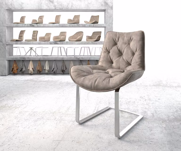 DELIFE Sedia a dondolo Taimi-Flex, rivestita in microfibra color tortora, stile vintage, base in acciaio inossidabile