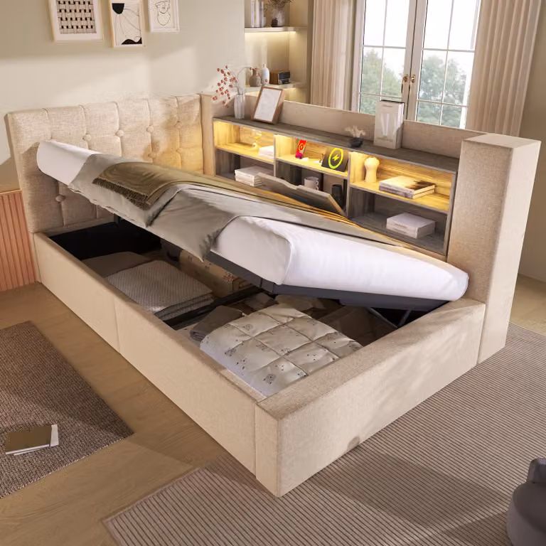 Letto imbottito singolo 90x190, con illuminazione LED, sistema di sollevamento idraulico, testiera a forma di "L" con spazio contenitore, reversibile, rete a listelli, biancheria da letto e materasso inclusi.