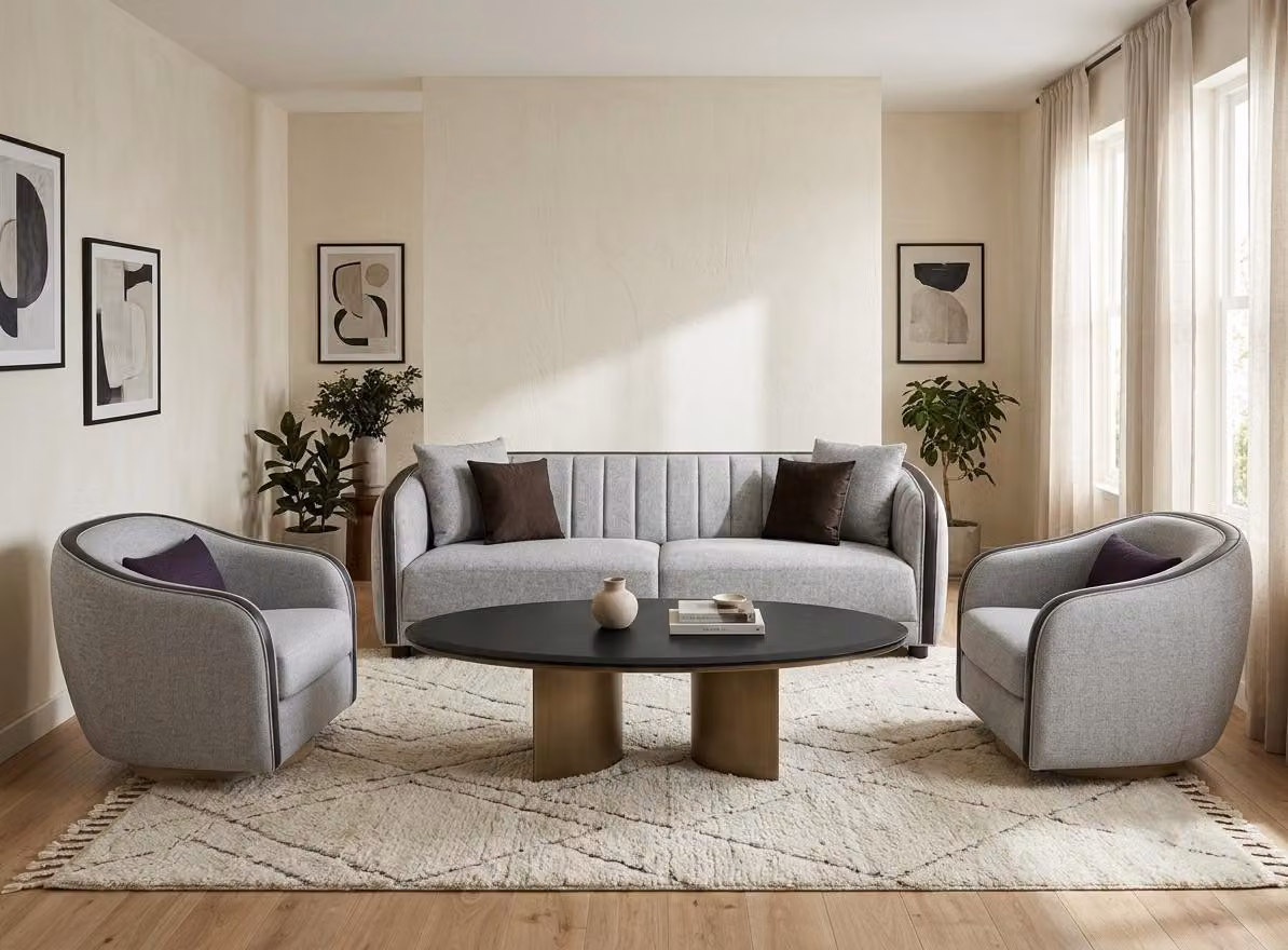 Set per soggiorno: divano a 3 posti, tavolino, design moderno, confortevole, robusto e stabile
