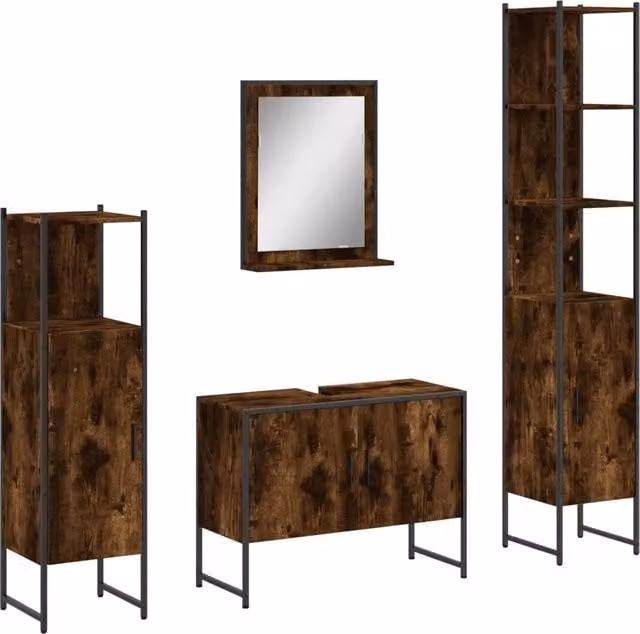 Set Mobili da Bagno | Armadio da bagno 4 pz Rovere Fumo in Legno Multistrato