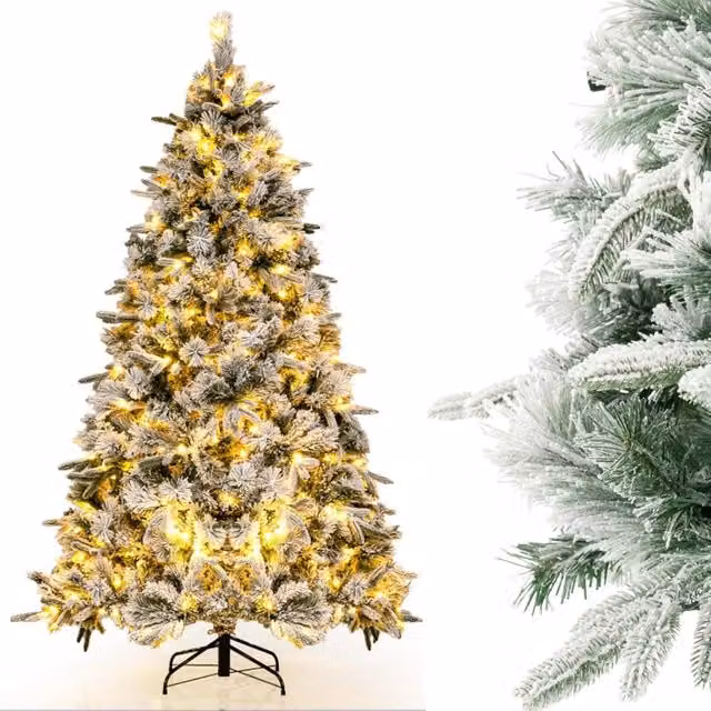 Albero di Natale Innevato COSTWAY con Luci LED Bianco Caldo e Rami Misti, Altezza: 186 cm