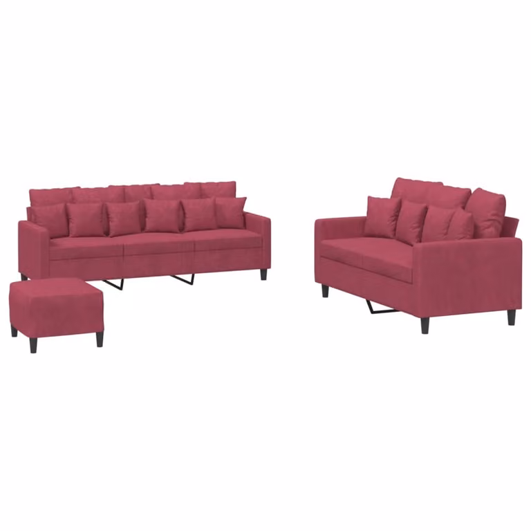 Set di Divani 3 pz con Cuscini Rosso Vino in Velluto