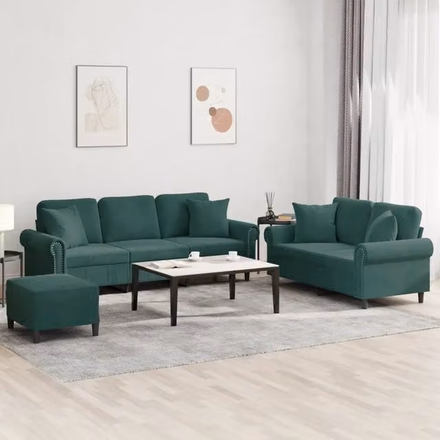 Set di divani moderno vidaXL in velluto verde con pouf e cuscini per soggiorno