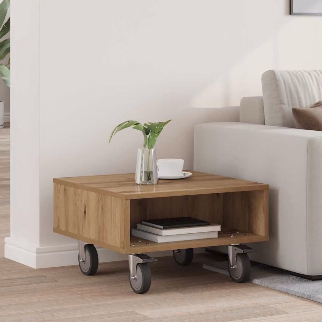 Tavolino con ruote vidaXL in legno rovere marrone, L 50,5 cm x P 50 cm x H 30 cm