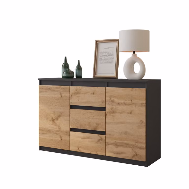 MIKEL - Cassettiera / credenza con 3 cassetti e 2 ante - Grigio antracite / Rovere Wotan H75cm L120cm P35cm
