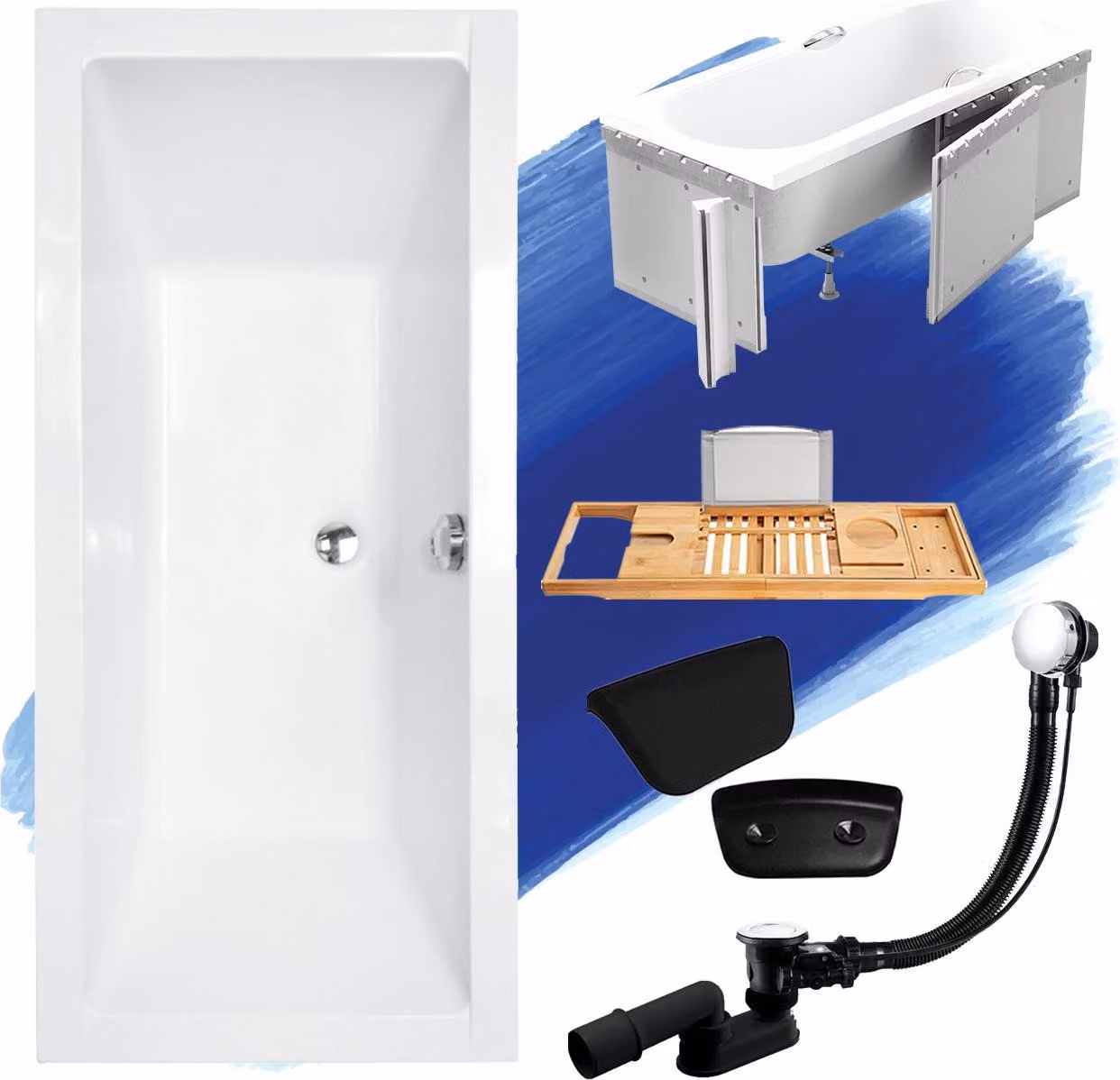 Set vasca rettangolare 5in1 175x80 con set di scarico e piedini GRATIS + polistirolo + ripiano in legno di bambù + poggiatesta in nero | BADLAND QUADRO