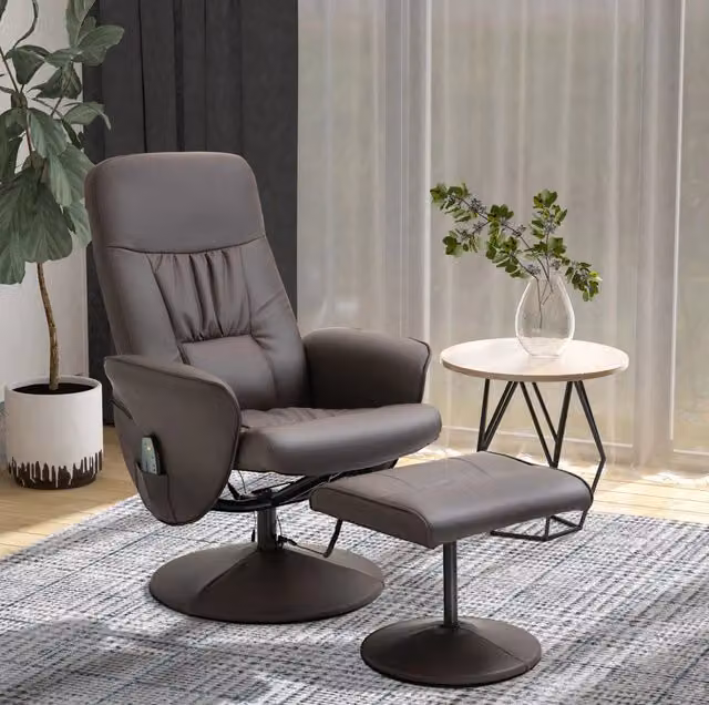 Poltrona Relax TV in Pelle Sintetica Marrone con Funzione Letto e Massaggio 360° Girevole B76xT81xH105 cm
