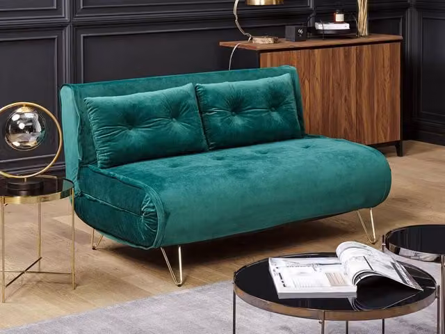 Divano Letto Beliani in Velluto Verde Scuro con Gambe in Metallo Dorato, Modello Click Clack con Cuscini e Rivestimenti Sfoderabili – 1