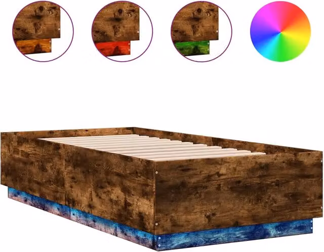 Letto singolo moderno in legno multistrato Rovere Fumo con luci LED sottostante e porta USB, L/P: 90 x 190 cm