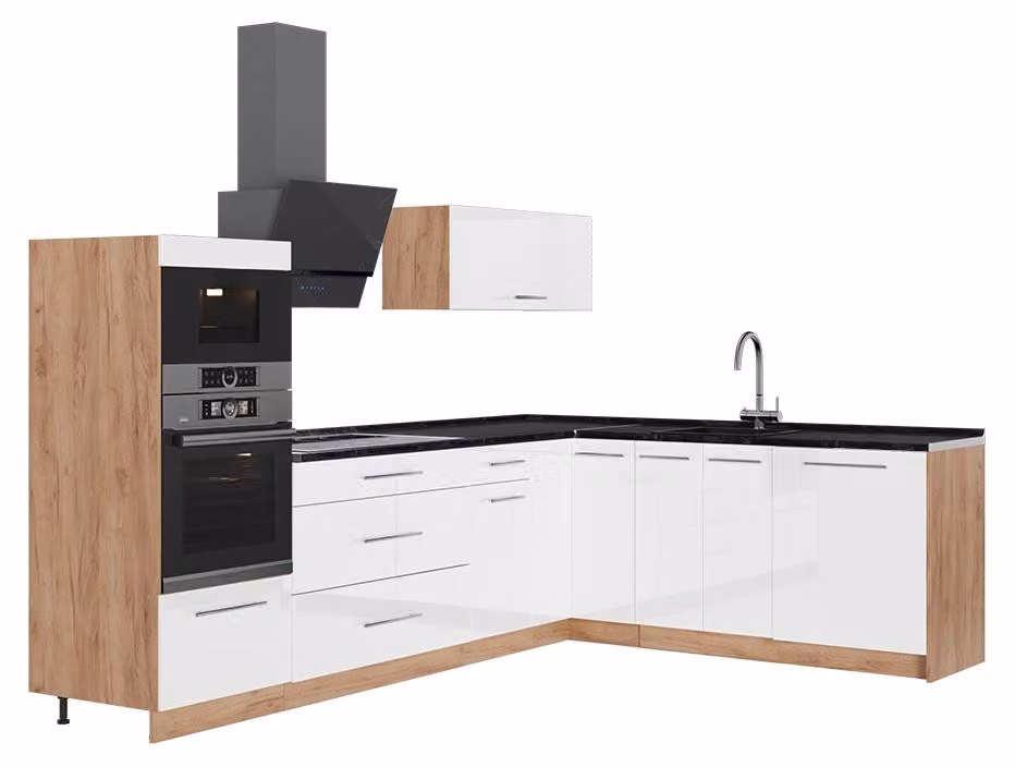 Cucina angolare completa Vicco Fame-Line Bianco lucido/Rovere dorato 287 x 207 cm, PL Antracite, Model 63513